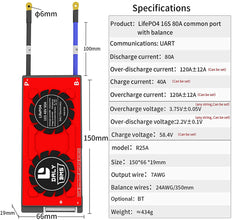 Daly smart bms Lifepo4 Li-ion 16S 48V 60V 80A bluetooth 19 66 150