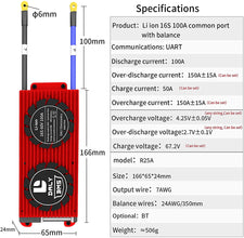 Daly smart bms Lifepo4 Li-ion 16S 48V 60V 100A bluetooth 24 65 166