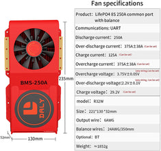 Daly smart bms Lifepo4 8S 24V 250A with Fan bluetooth 52 130 235