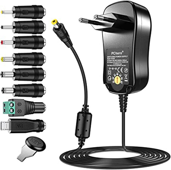 PChero 24W Universal Steckernetzteil mit 8 Abnehmbar DC Stecker für 3V-12V Haus Elektronik und USB-Geräte - 2000mA Max