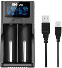 iEGrow 18650 Akkuladegerät, LCD Akkuladegerät mit USB Anschluss, 3,7 V Lithium Ionen Akkus, 2 Steckplätze